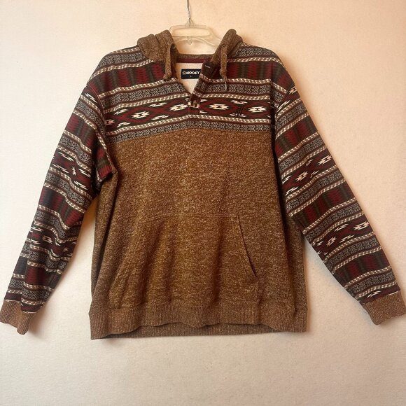 Hooey Aztec Print Hoodie Mens L Brown Red Soft Pullover Southwest‎ Knit Pouch - Picture 1 of 4